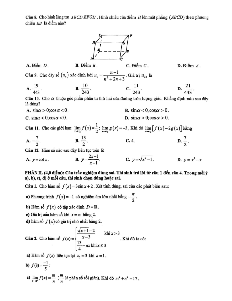 Đề thi Học kì 1 Toán 11 trường THPT Dương Văn Dương (Tp.HCM) năm 2025-2026