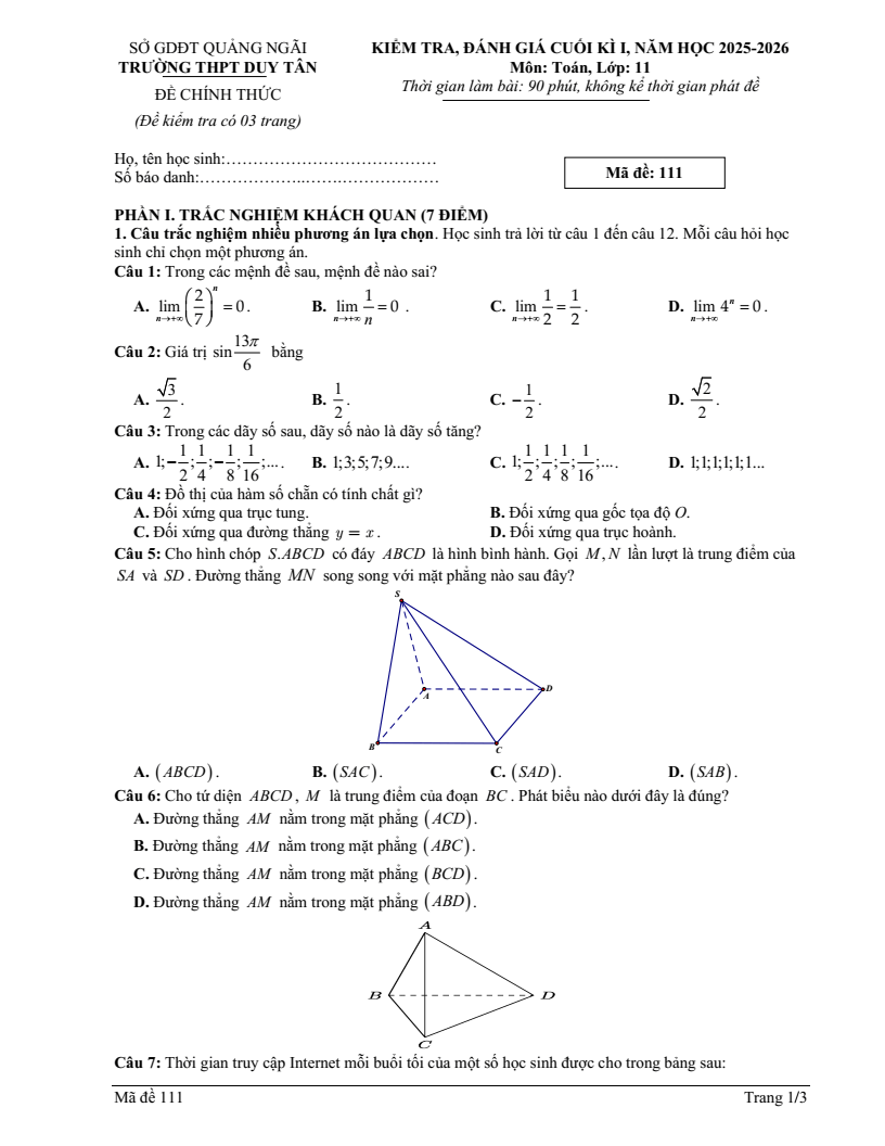 Đề thi Học kì 1 Toán 11 trường THPT Duy Tân (Quảng Ngãi) năm 2025-2026