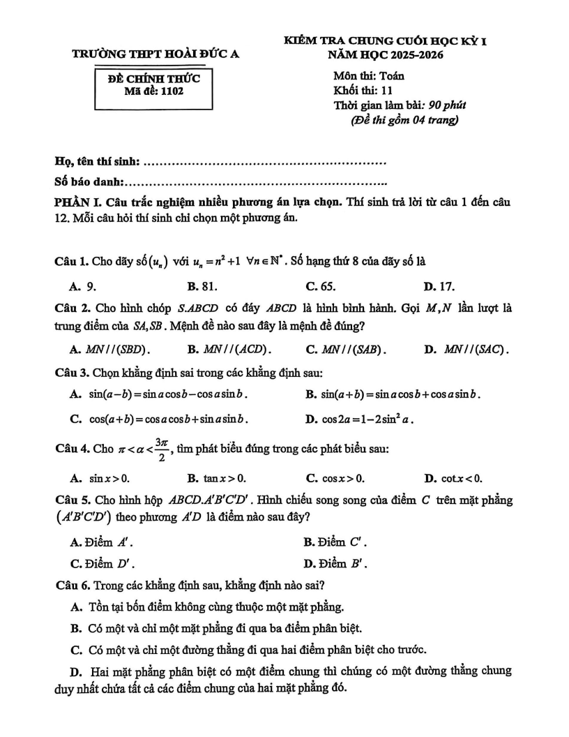 Đề thi Học kì 1 Toán 11 trường THPT Hoài Đức A (Hà Nội) năm 2025-2026