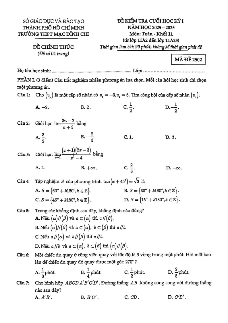 Đề thi Học kì 1 Toán 11 trường THPT Mạc Đĩnh Chi (Tp.HCM) năm 2025-2026