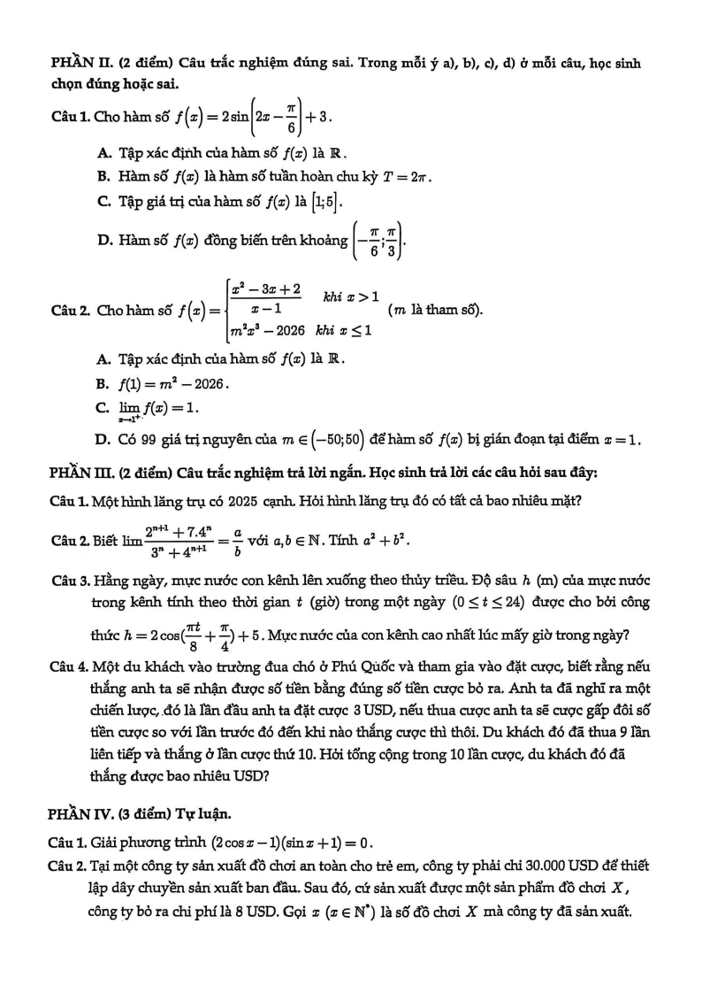 Đề thi Học kì 1 Toán 11 trường THPT Mạc Đĩnh Chi (Tp.HCM) năm 2025-2026