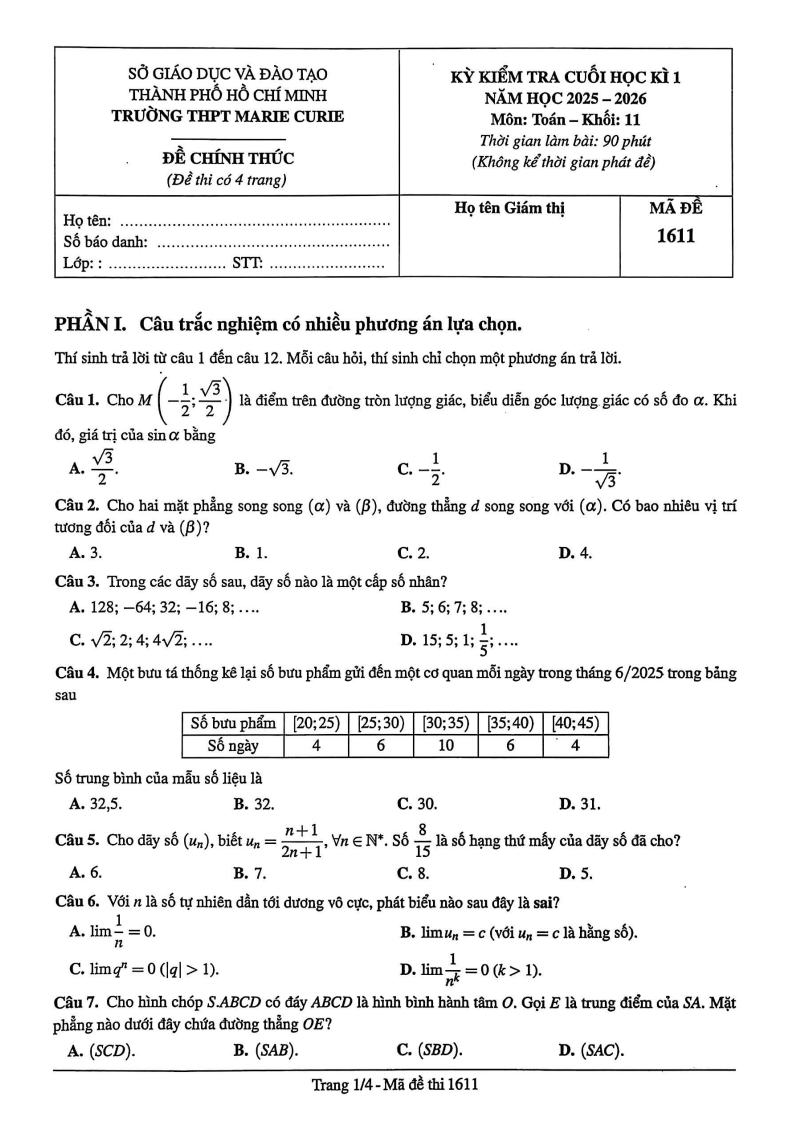 Đề thi Học kì 1 Toán 11 trường THPT Marie Curie (Tp.HCM) năm 2025-2026