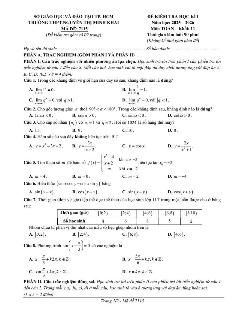 Đề thi Học kì 1 Toán 11 trường THPT Nguyễn Thị Minh Khai (Tp.HCM) năm 2025-2026