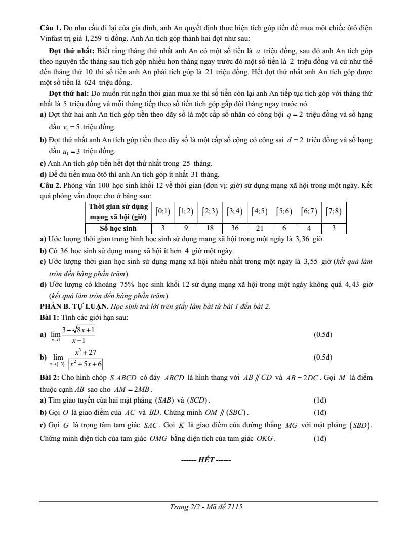 Đề thi Học kì 1 Toán 11 trường THPT Nguyễn Thị Minh Khai (Tp.HCM) năm 2025-2026