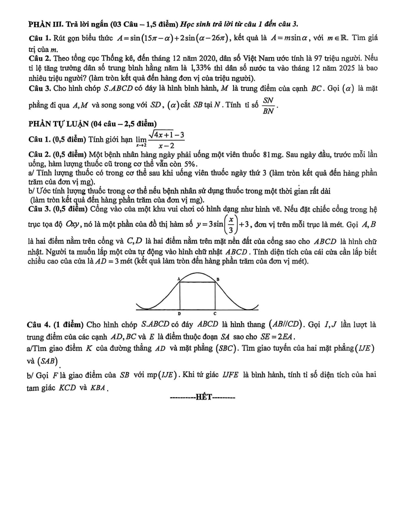 Đề thi Học kì 1 Toán 11 trường THPT Phan Châu Trinh (Đà Nẵng) năm 2025-2026