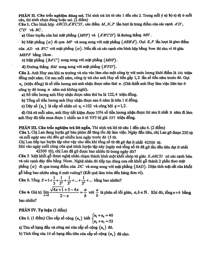 Đề thi Học kì 1 Toán 11 trường THPT Phan Huy Chú (Hà Nội) năm 2025-2026