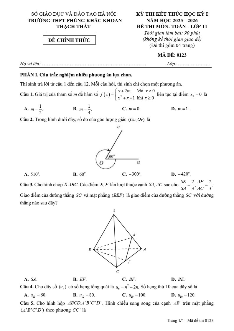 Đề thi Học kì 1 Toán 11 trường THPT Phùng Khắc Khoan (Hà Nội) năm 2025-2026