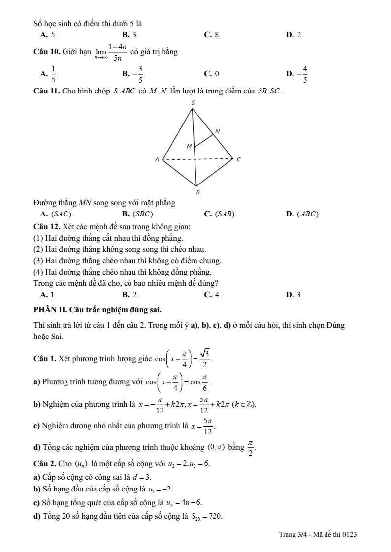 Đề thi Học kì 1 Toán 11 trường THPT Phùng Khắc Khoan (Hà Nội) năm 2025-2026