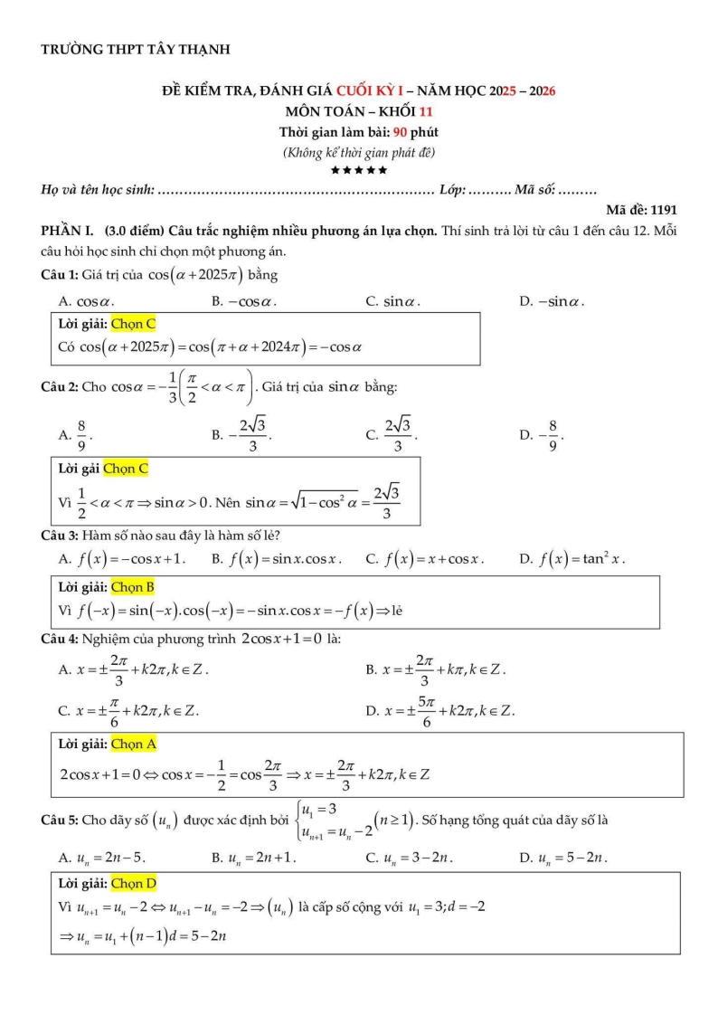 Đề thi Học kì 1 Toán 11 trường THPT Tây Thạnh (Tp.HCM) năm 2025-2026