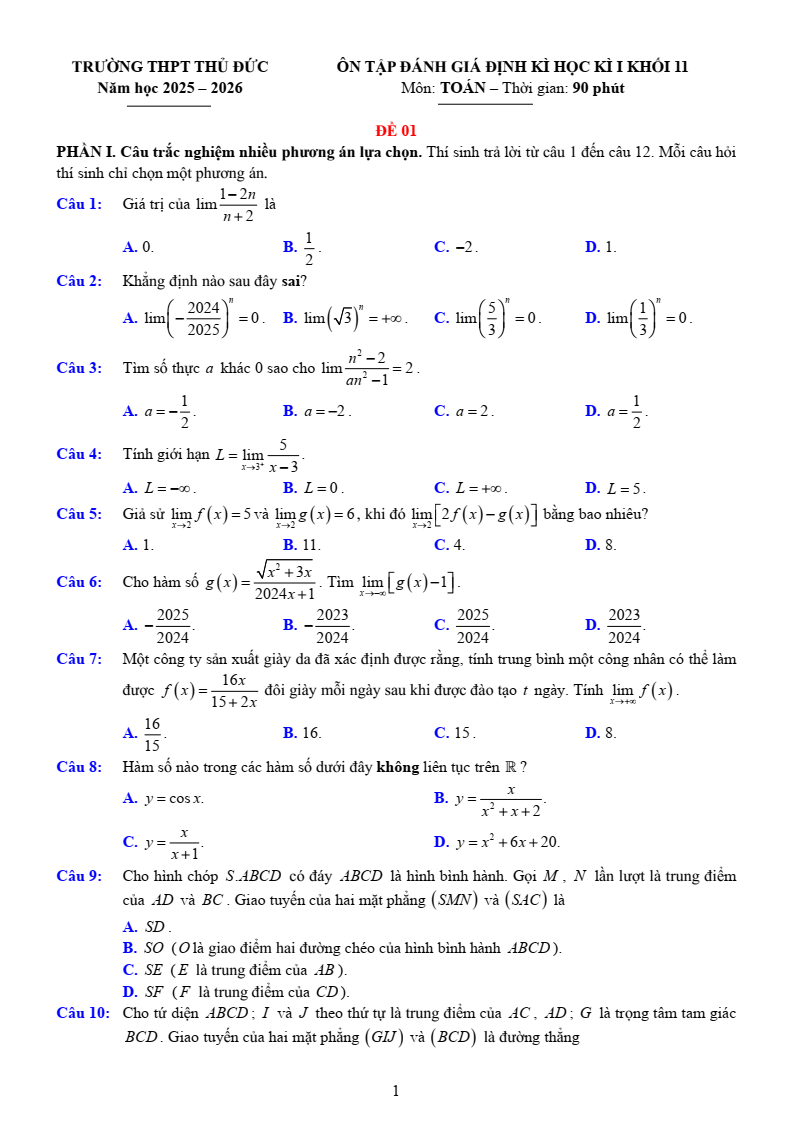 Đề thi Học kì 1 Toán 11 trường THPT Thủ Đức (Tp.HCM) năm 2025-2026