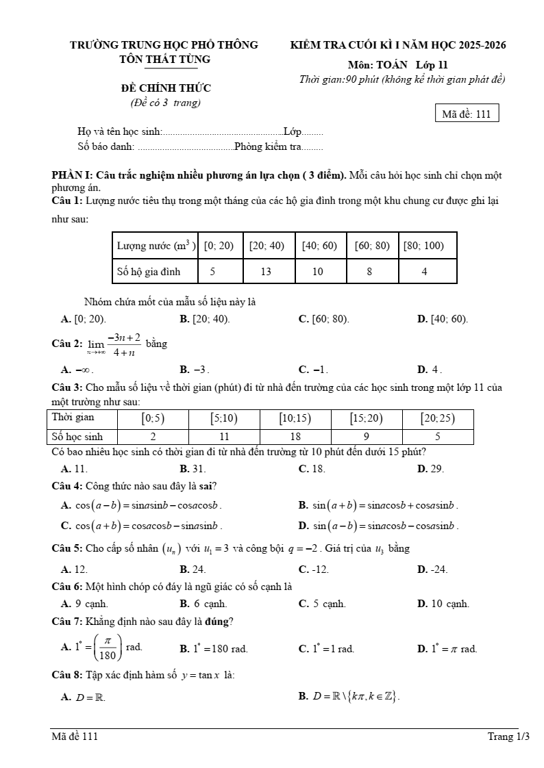 Đề thi Học kì 1 Toán 11 trường THPT Tôn Thất Tùng (Đà Nẵng) năm 2025-2026