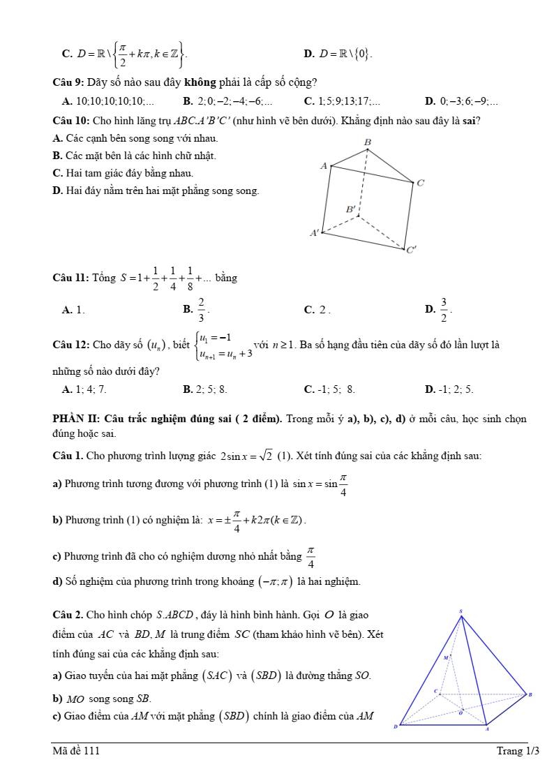 Đề thi Học kì 1 Toán 11 trường THPT Tôn Thất Tùng (Đà Nẵng) năm 2025-2026
