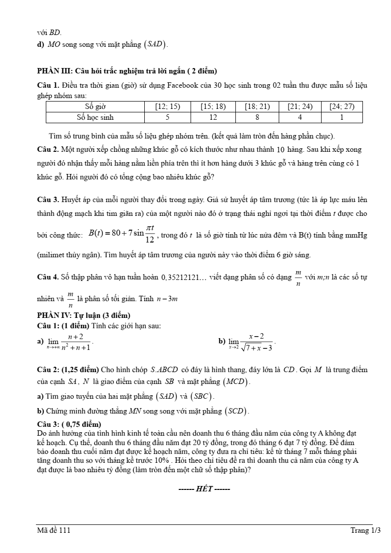 Đề thi Học kì 1 Toán 11 trường THPT Tôn Thất Tùng (Đà Nẵng) năm 2025-2026