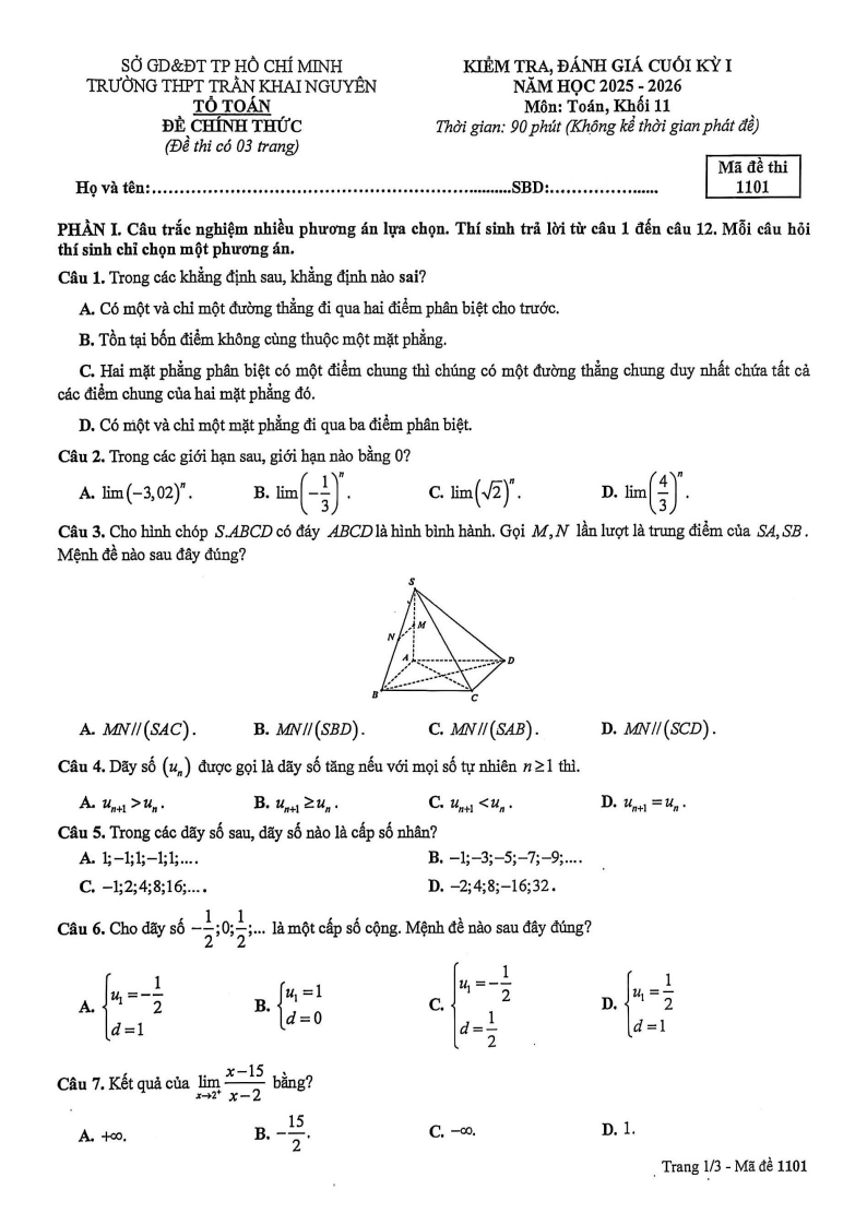 Đề thi Học kì 1 Toán 11 trường THPT Trần Khai Nguyên (Tp.HCM) năm 2025-2026
