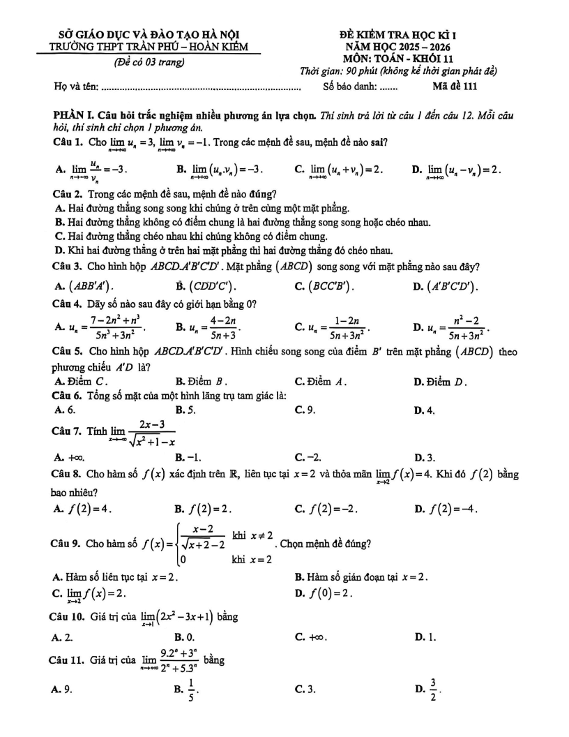 Đề thi Học kì 1 Toán 11 trường THPT Trần Phú (Hà Nội) năm 2025-2026