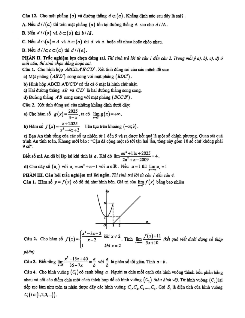 Đề thi Học kì 1 Toán 11 trường THPT Trần Phú (Hà Nội) năm 2025-2026