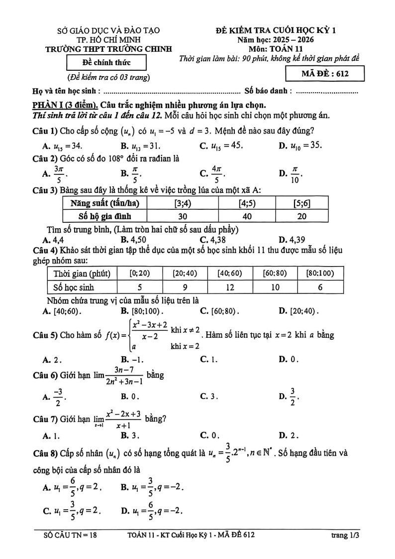 Đề thi Học kì 1 Toán 11 trường THPT Trường Chinh (Tp.HCM) năm 2025-2026