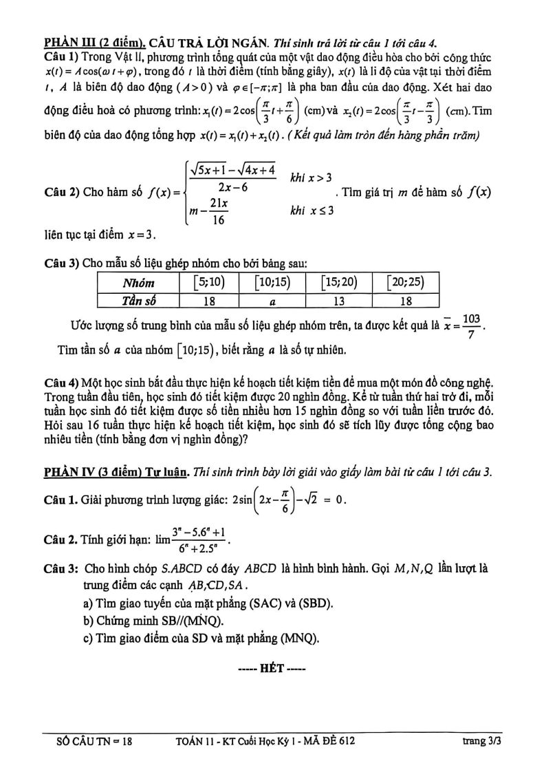 Đề thi Học kì 1 Toán 11 trường THPT Trường Chinh (Tp.HCM) năm 2025-2026