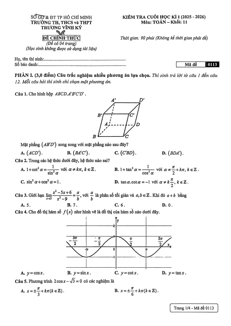 Đề thi Học kì 1 Toán 11 trường Trương Vĩnh Ký (Tp.HCM) năm 2025-2026