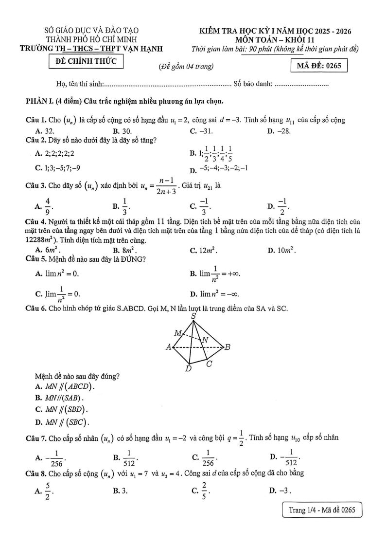 Đề thi Học kì 1 Toán 11 trường Vạn Hạnh (Tp.HCM) năm 2025-2026