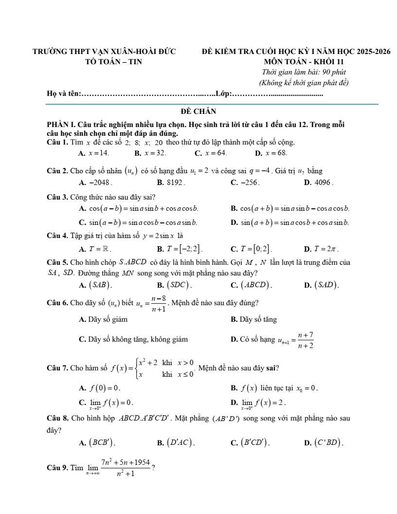 Đề thi Học kì 1 Toán 11 trường THPT Vạn Xuân (Hà Nội) năm 2025-2026