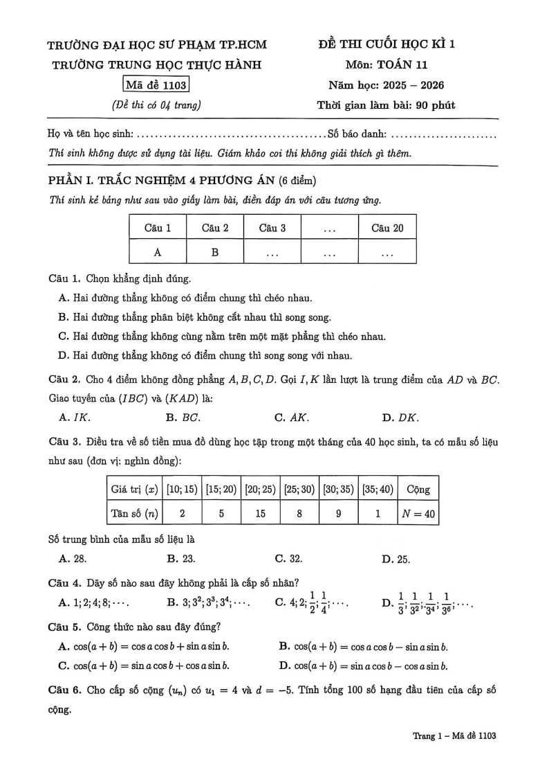 Đề thi Học kì 1 Toán 11 trường Trung học Thực hành ĐHSP (Tp.HCM) năm 2025-2026
