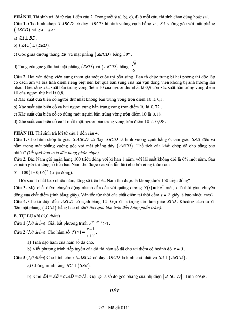 Đề thi Học kì 2 Toán 11 sở GD&ĐT Bắc Giang năm 2024-2025