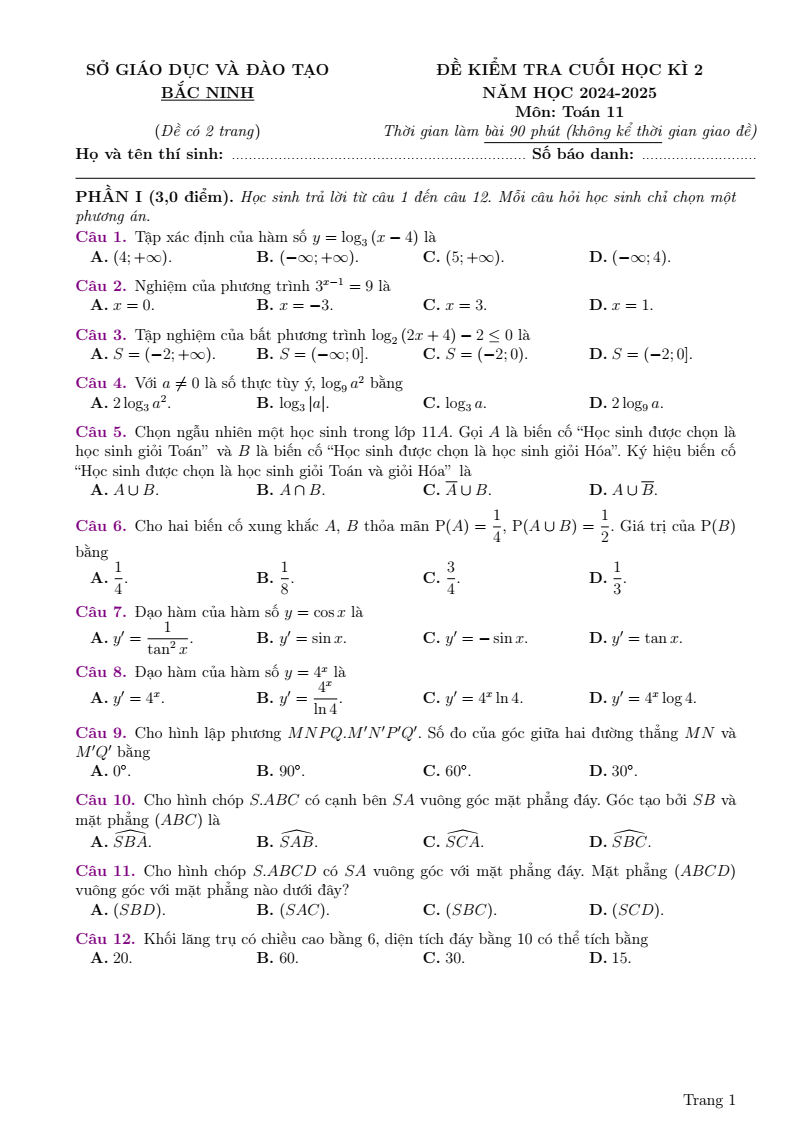 Đề thi Học kì 2 Toán 11 sở GD&ĐT Bắc Ninh năm 2024-2025