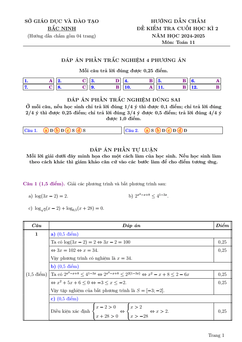 Đề thi Học kì 2 Toán 11 sở GD&ĐT Bắc Ninh năm 2024-2025