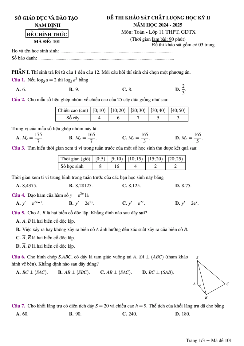 Đề thi Học kì 2 Toán 11 sở GD&ĐT Nam Định năm 2024-2025
