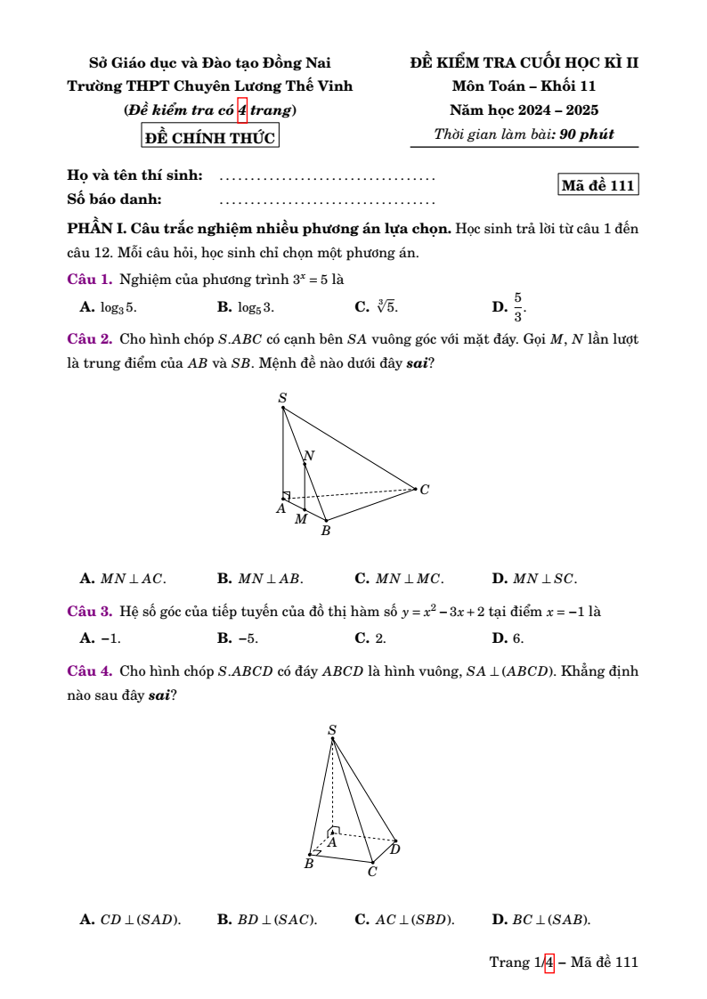 Đề thi Học kì 2 Toán 11 trường chuyên Lương Thế Vinh (Đồng Nai) năm 2024-2025