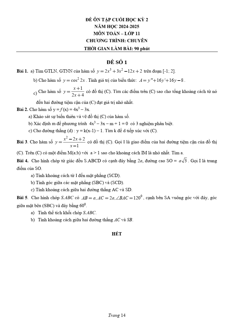 Đề thi Học kì 2 Toán 11 trường chuyên Lương Văn Chánh (Phú Yên) năm 2024-2025
