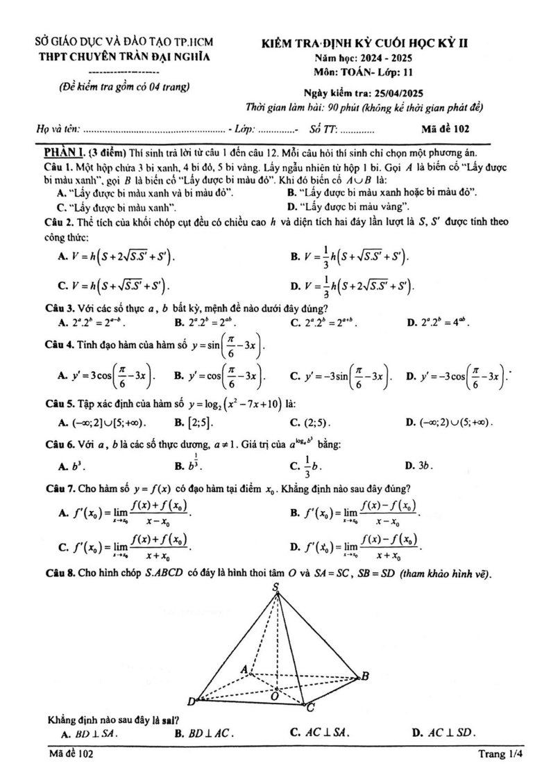 Đề thi Học kì 2 Toán 11 trường chuyên Trần Đại Nghĩa (Tp.HCM) năm 2024-2025