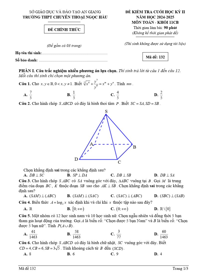 Đề thi Học kì 2 Toán 11 trường chuyên Thoại Ngọc Hầu (An Giang) năm 2024-2025