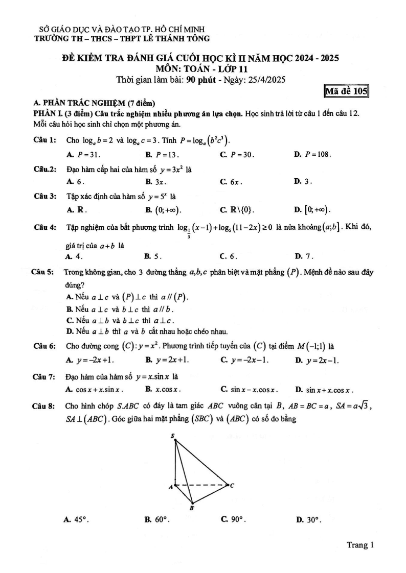Đề thi Học kì 2 Toán 11 trường Lê Thánh Tông (Tp.HCM) năm 2024-2025