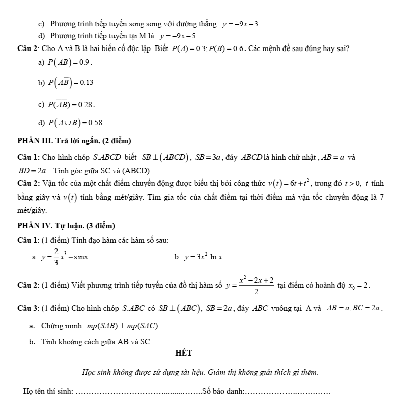 Đề thi Học kì 2 Toán 11 trường THPT Bình Chiểu (Tp.HCM) năm 2024-2025