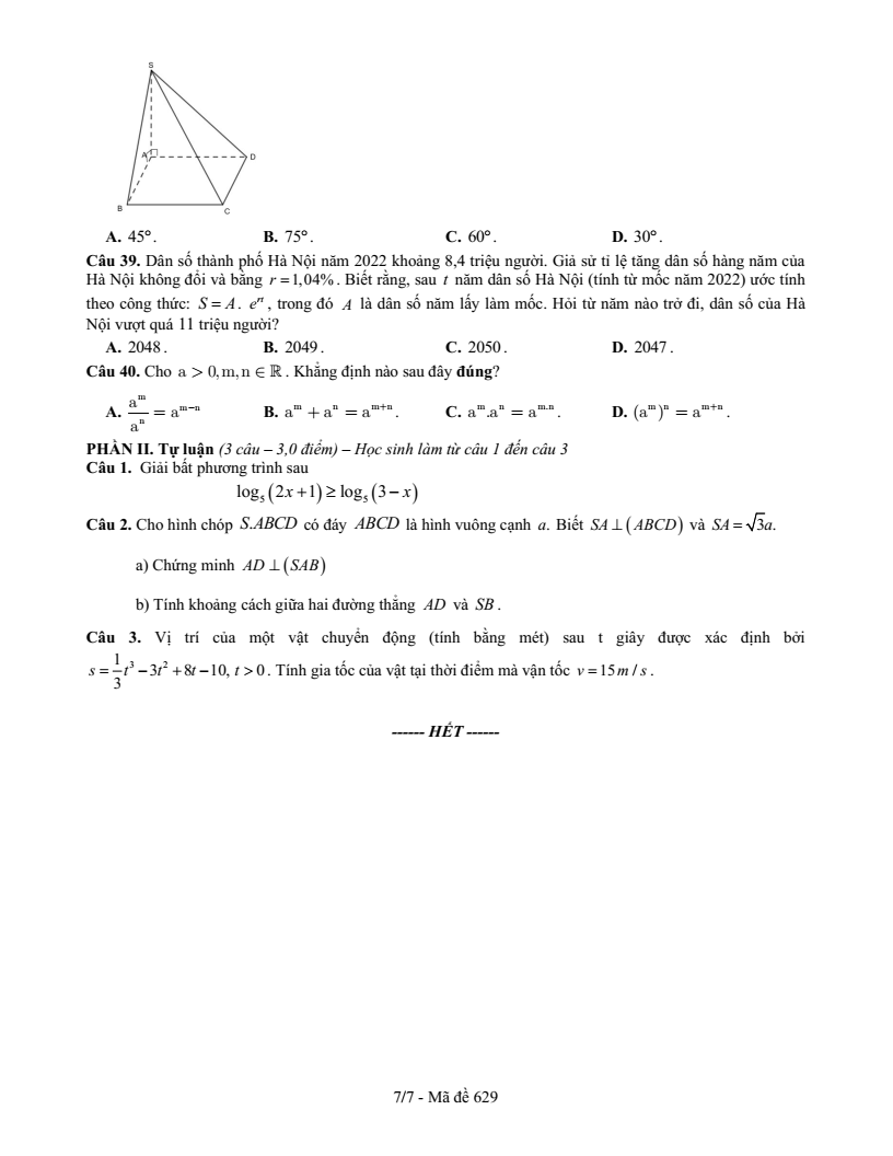 Đề thi Học kì 2 Toán 11 trường THPT chuyên Vị Thanh (Hậu Giang) năm 2024-2025