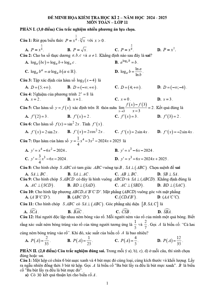 Đề thi Học kì 2 Toán 11 trường THPT Hoàng Diệu (Đồng Nai) năm 2024-2025