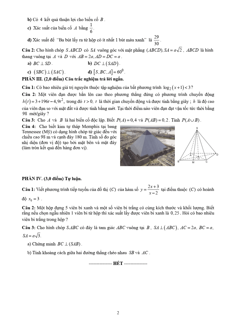 Đề thi Học kì 2 Toán 11 trường THPT Hoàng Diệu (Đồng Nai) năm 2024-2025