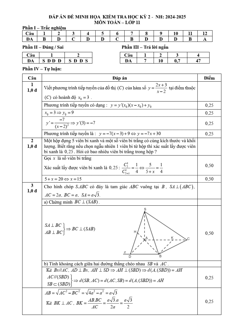 Đề thi Học kì 2 Toán 11 trường THPT Hoàng Diệu (Đồng Nai) năm 2024-2025
