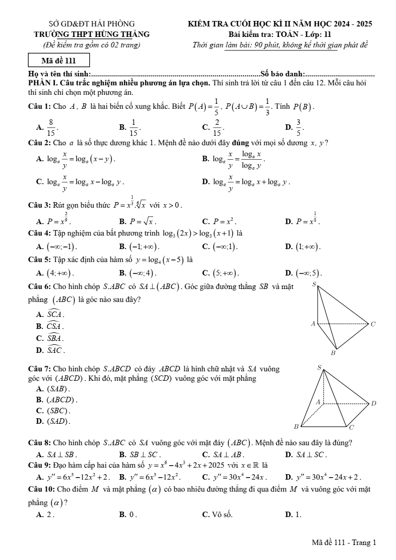 Đề thi Học kì 2 Toán 11 trường THPT Hùng Thắng (Hải Phòng) năm 2024-2025