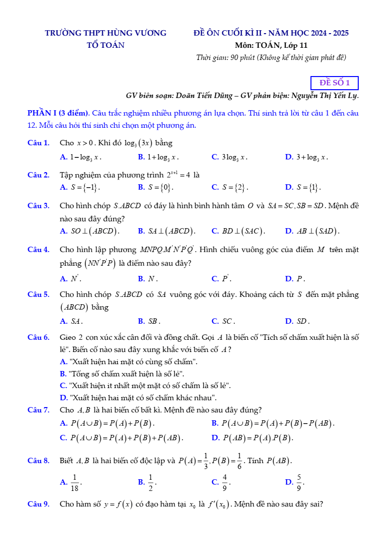 Đề thi Học kì 2 Toán 11 trường THPT Hùng Vương (Bình Phước) năm 2024-2025