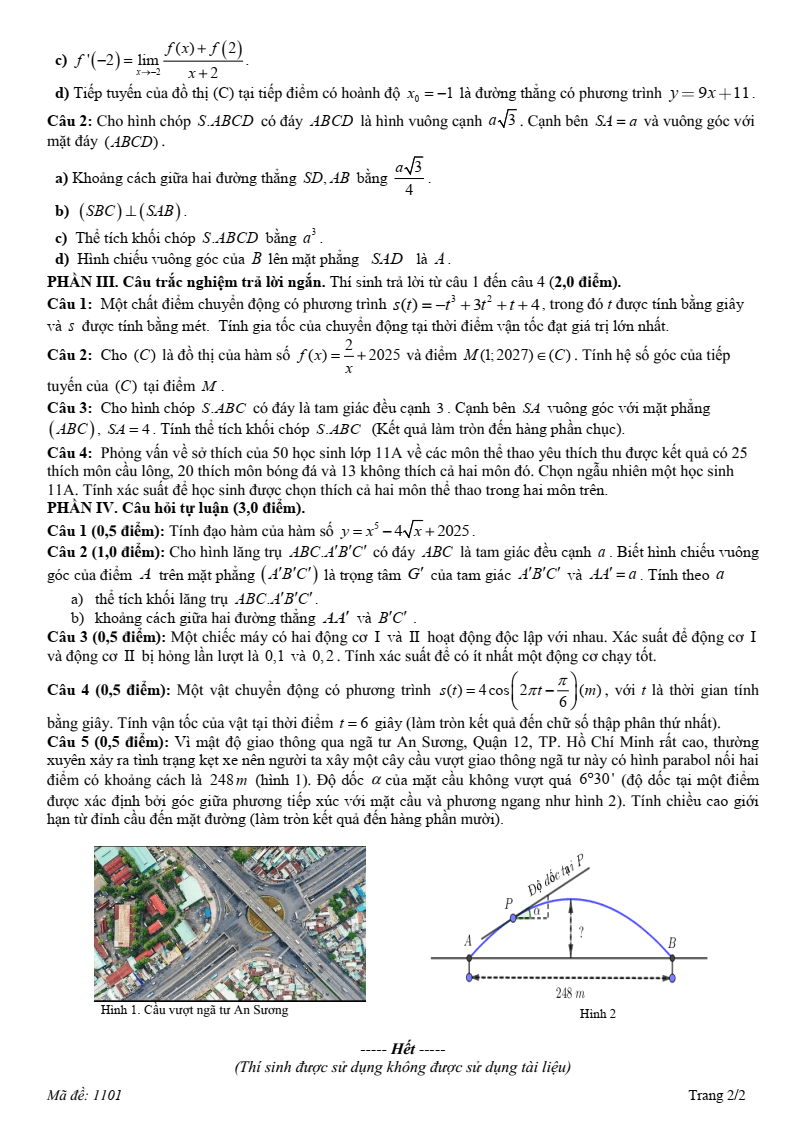 Đề thi Học kì 2 Toán 11 trường THPT Hướng Hóa (Quảng Trị) năm 2024-2025