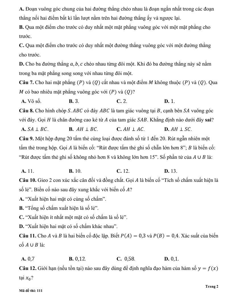 Đề thi Học kì 2 Toán 11 trường THPT Kẻ Sặt (Hải Dương) năm 2024-2025