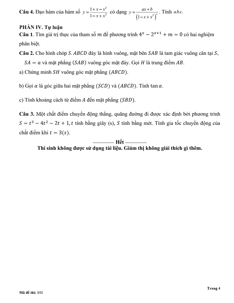 Đề thi Học kì 2 Toán 11 trường THPT Kẻ Sặt (Hải Dương) năm 2024-2025