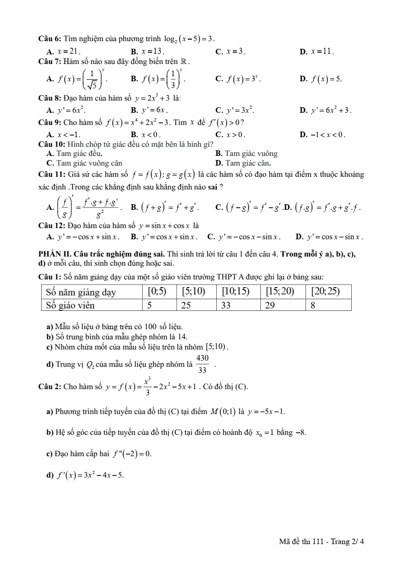 Đề thi Học kì 2 Toán 11 trường THPT Lê Hồng Phong (Đắk Lắk) năm 2024-2025