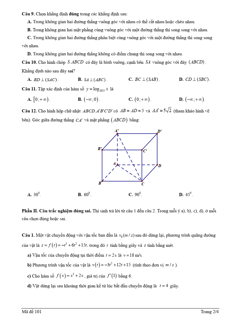 Đề thi Học kì 2 Toán 11 trường THPT Lương Ngọc Quyến (Thái Nguyên) năm 2024-2025