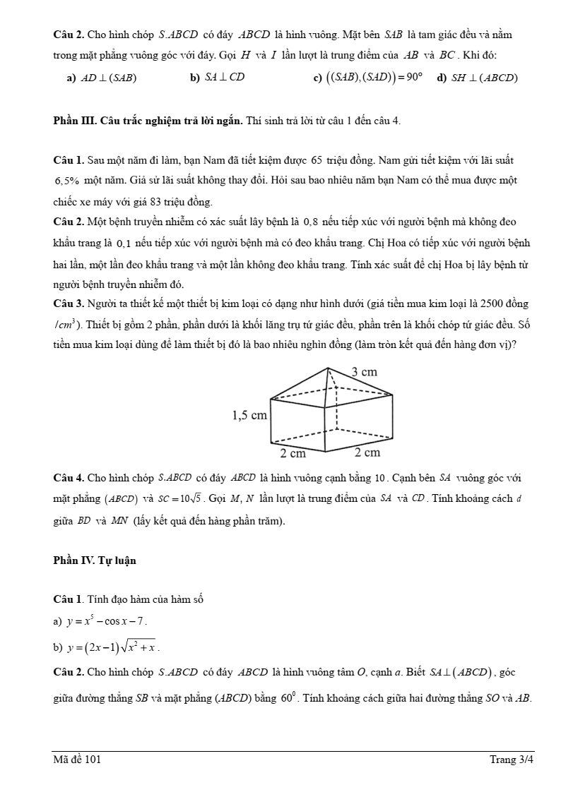 Đề thi Học kì 2 Toán 11 trường THPT Lương Ngọc Quyến (Thái Nguyên) năm 2024-2025