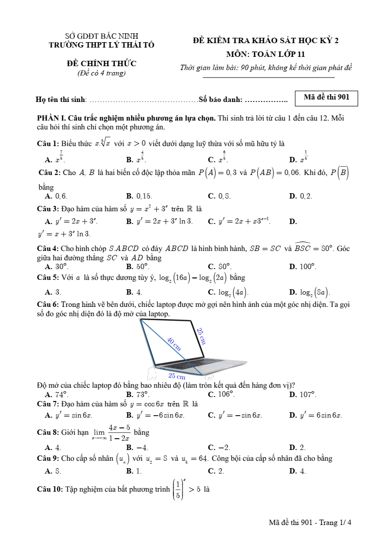Đề thi Học kì 2 Toán 11 trường THPT Lý Thái Tổ (Bắc Ninh) năm 2024-2025