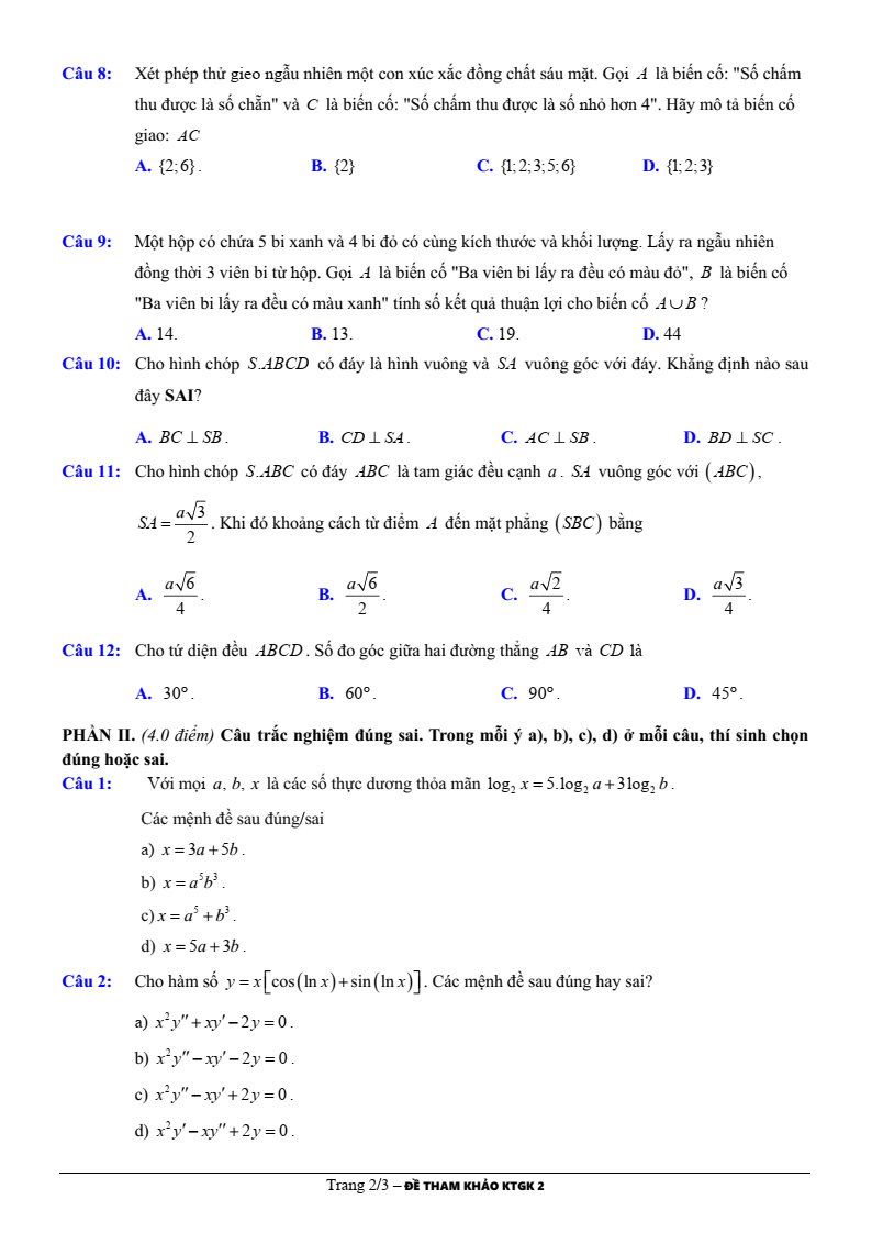 Đề thi Học kì 2 Toán 11 trường THPT Marie Curie (Tp.HCM) năm 2024-2025